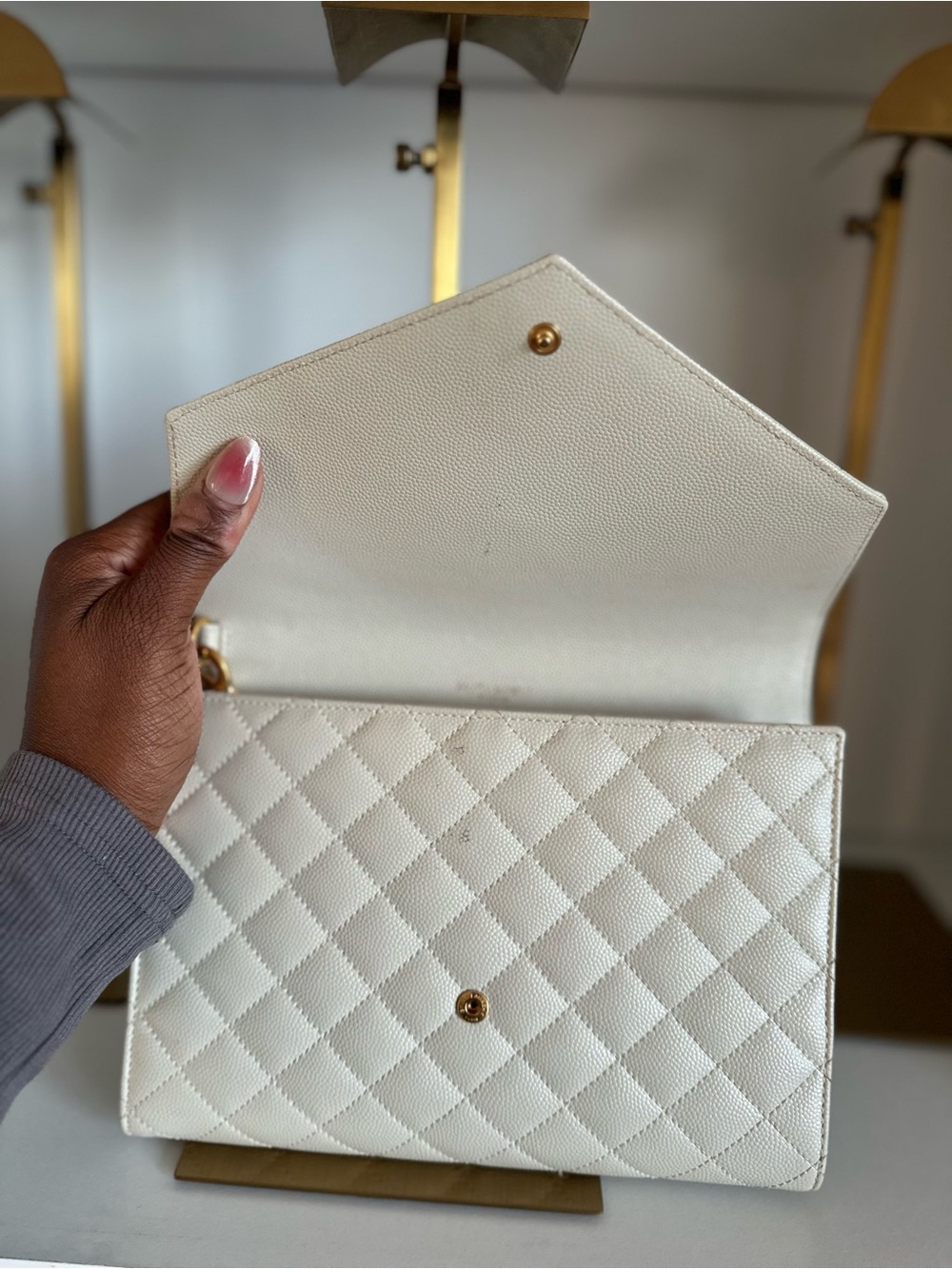 Saint Laurent Ivory Quilted Envelope Clutch with Gold hardware - Picture 6 of 6